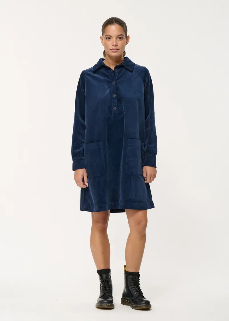 Robe courte trapèze bleu marine en velours côtelé