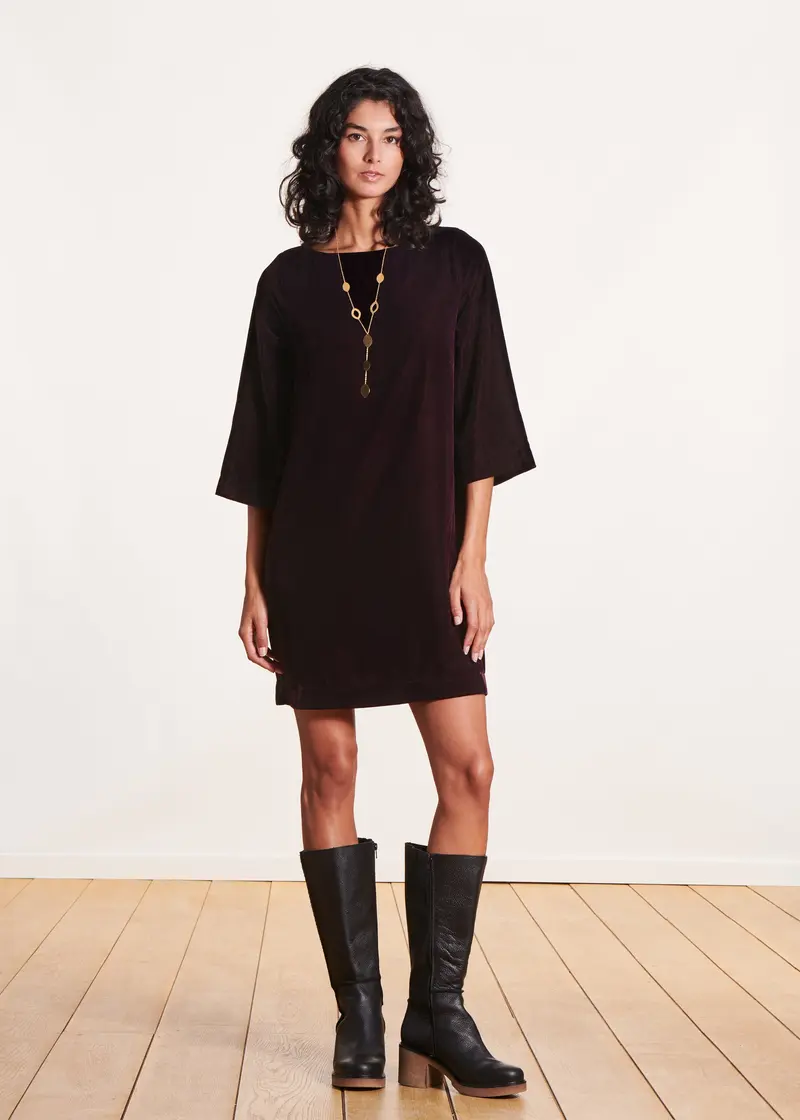 Robe courte trapèze prune en velours