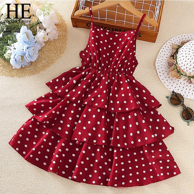 Robe de princesse d'été pour enfants de 4 à 12 ans, robe de gâteau à pois pour filles, robes formelles d'anniversaire, fête d'anniversaire, vacances à la plage