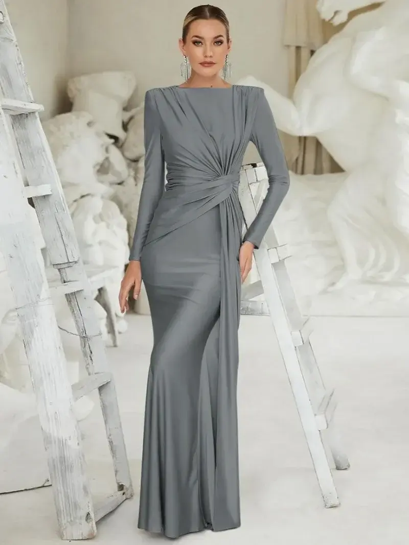 Robe de soirée de luxe pour femmes, élégante, col rond, manches longues, plis, taille haute, moulante, grise, Robe de soirée