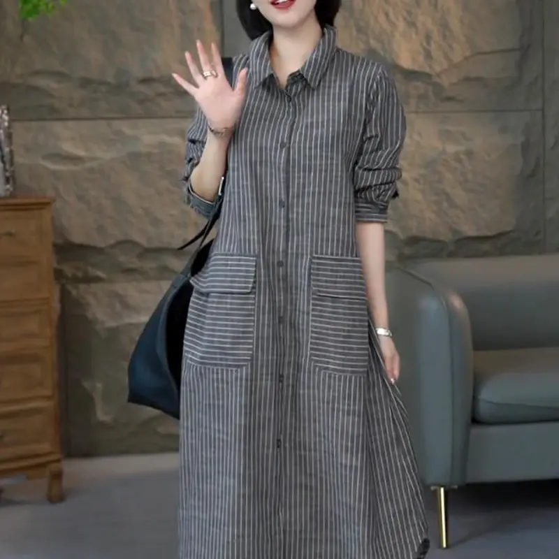 Robe décontractée avancée pour femmes, nouvelle Collection d'automne, manches longues, tempérament ample, chemise rayée