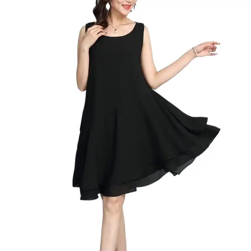 Robe d'été mi-longue en mousseline de soie pour femme, tenue décontractée, couleur unie, bretelles spaghetti, coupe trapèze, grande taille, vêtement éducatif