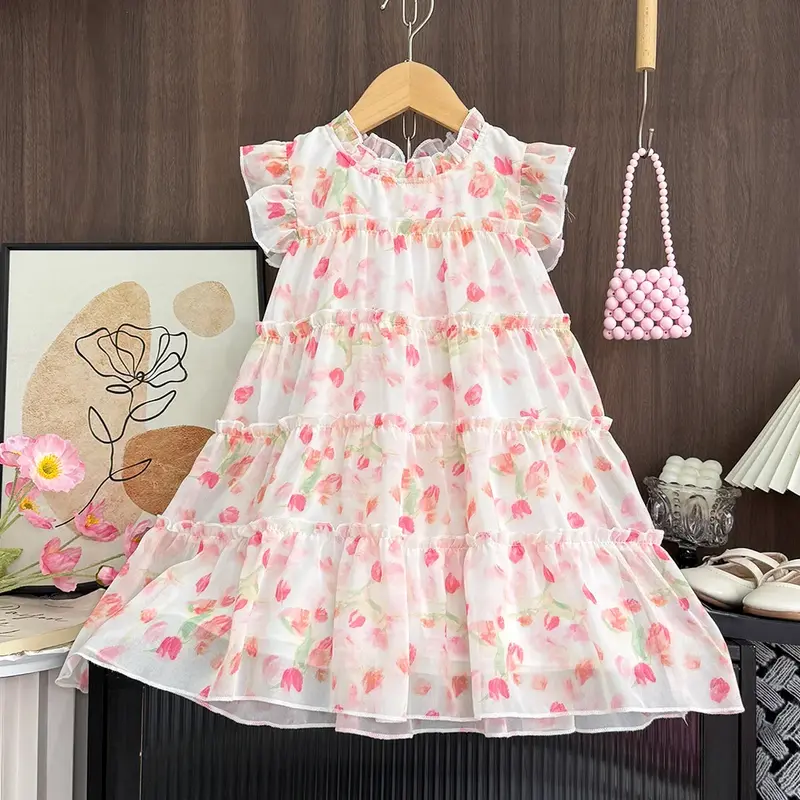 Robe d'été pour filles de 2 à 7 ans, imprimé floral, sans manches, col à volants, mignonne, 1 pièce, décoration avec nœud doux, vêtements décontractés