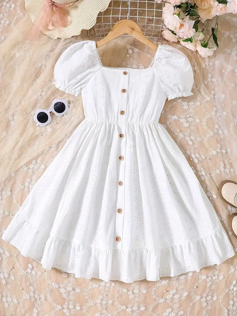 Robe d'été pour filles - Robe blanche décontractée à boutons, en tricot doux, jacquard ajouré élégant, manches bouffantes et ourlet à volants