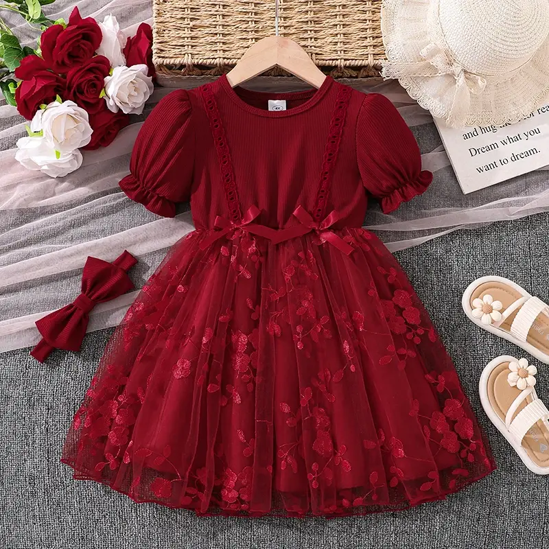 Robe d'été rouge pour filles de 4 à 7 ans, avec poignets à volants et jupe en tulle brodée de fleurs avec détails en nœuds, vêtements décontractés pour enfants