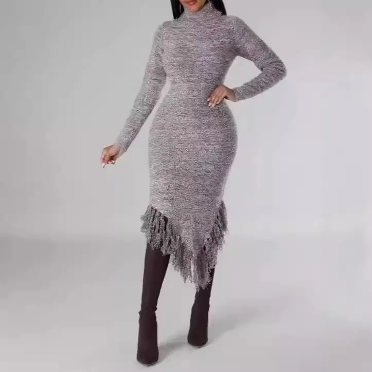 Robe femme à franges, col rond et manches longues