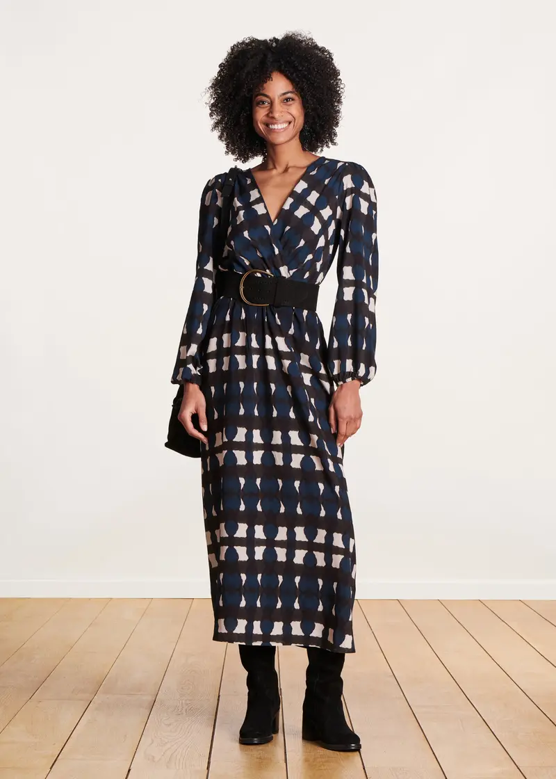 Robe longue cache-cœur bleu pétrole