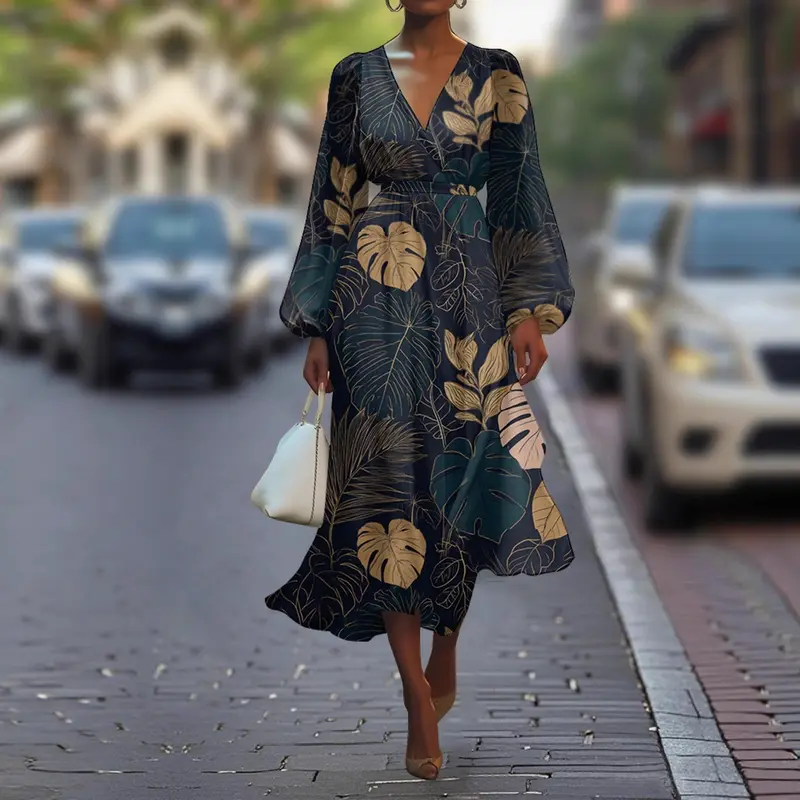 Robe Longue Élégante Impression 3D Numérique Col V Manches Bouffantes Tulle – Ensemble 3 Pièces 10 Modèles 2XS–4XL