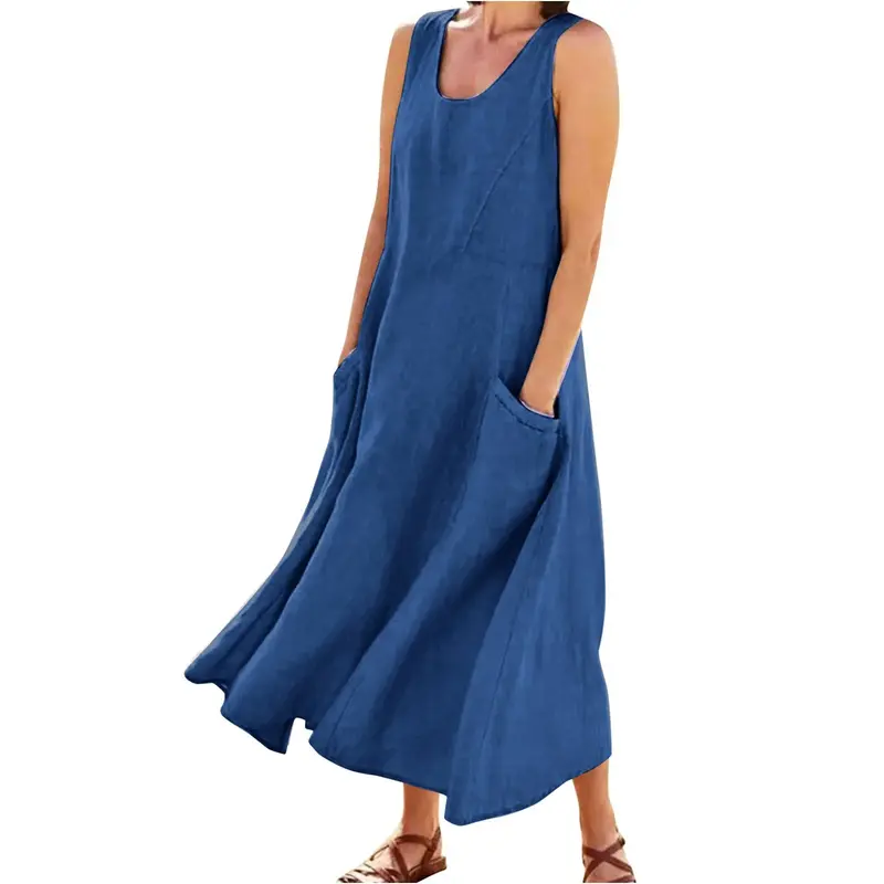 Robe longue vintage en coton et lin pour femme, tenue d'été solide, style bohème, avec poches, grande taille 5XL