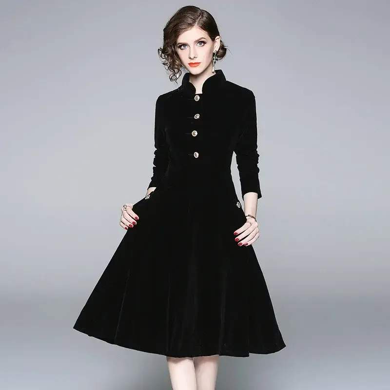 Robe Manteau Élégante en Velours Noir – Col Montant – Automne / Hiver
