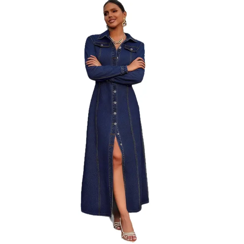 Robe-manteau longue effet denim à boutons pour femme