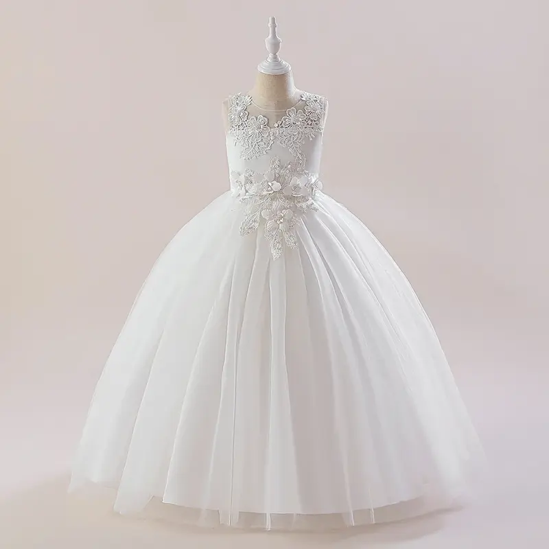 Robes de demoiselle d'honneur blanches pour adolescentes, robe de soirée de mariage en dentelle à fleurs pour enfants, robe de princesse élégante pour filles, robes de soirée formelles