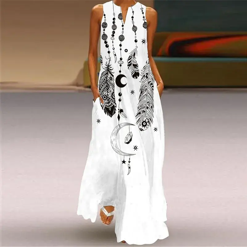 Robes longues d'été plumes femmes Robe élégante fête sans manches décontracté Vintage y2k robes Para Mujer S-5XL