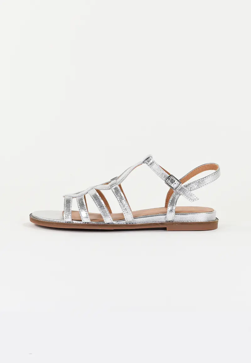 SABINE - Sandale Plate en Cuir Argent Miroir