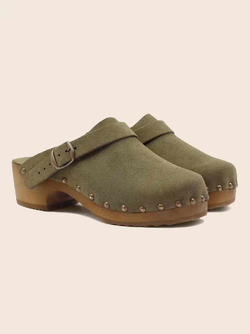 Sabots bois brides cuir daim kaki