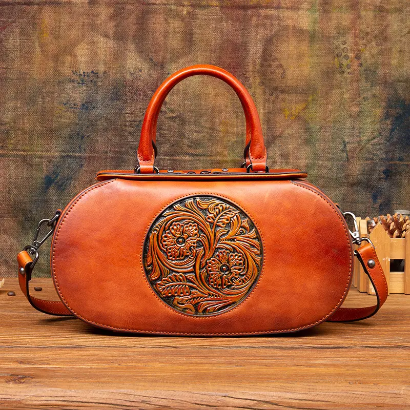 Sac à Main Vintage Femme – Cuir Pleine Fleur Véritable Forme Ovale | Marron Vintage