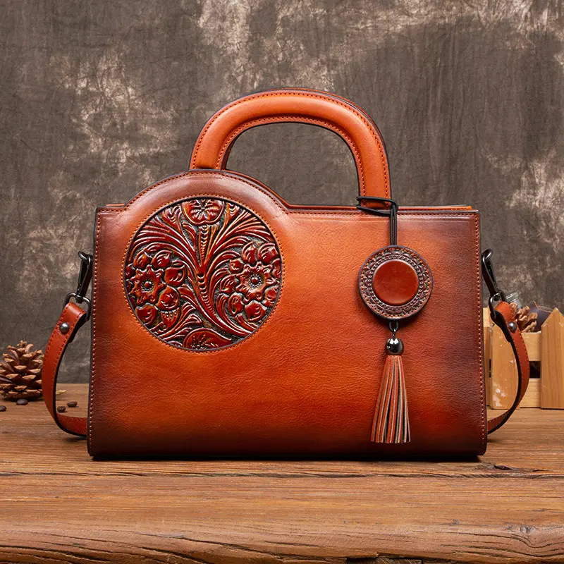 Sac à Main Vintage Femme – Cuir Véritable Floral Bandoulière | Gris Vintage