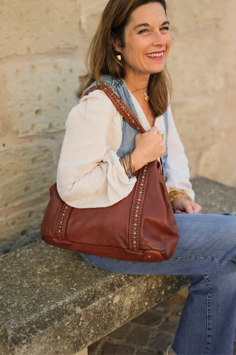 Sac cabas femme cuir Winkler – Camel pierres turquoise – Biba