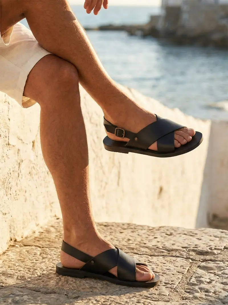 Sandales double bride cuir noir