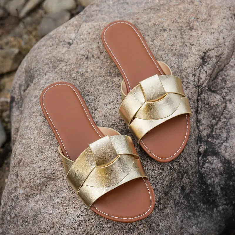 Sandales plates d'été De couleur unie, pantoufles d'extérieur à bout ouvert, chaussures De plage pour femmes, grande taille, diapositives, 2025