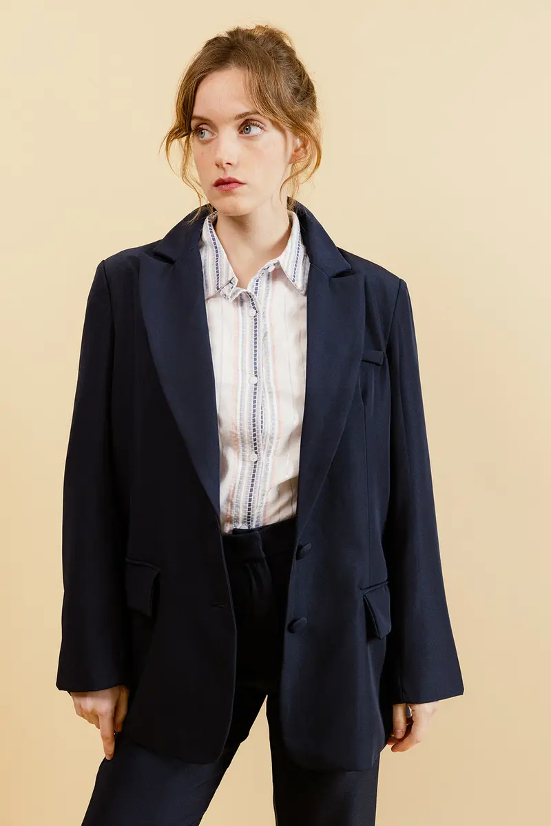 SANDY - Blazer Uni Marine avec Fente au Dos