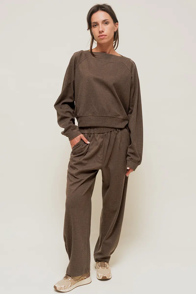 SELORIAH - Pantalon Coupe Large en Maille Sweat Marron