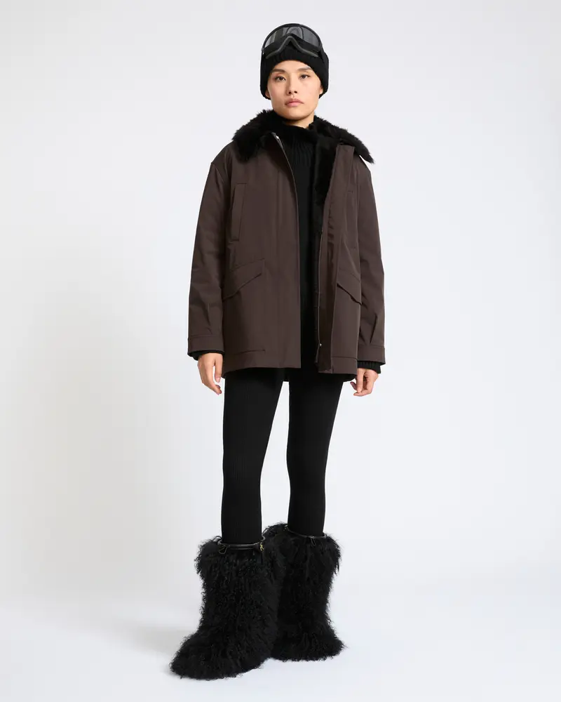 Shirt-collar parka in waterproof technical fabric with lambskin shearling