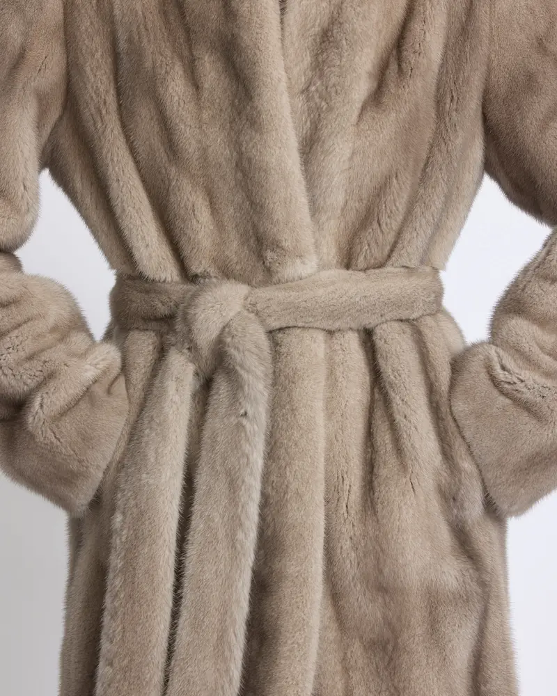 Short belted coat in long-haired straightened mink fur