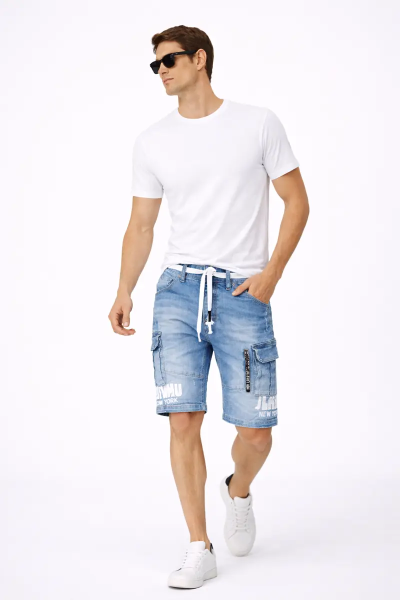 Short homme denim cargo Bleu délavé
