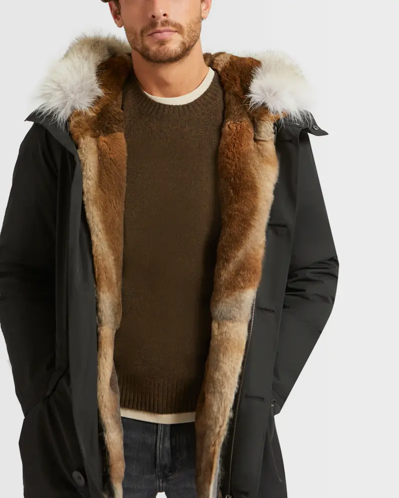 Short Iconic parka in technical cotton and coyote and rabbit fur
