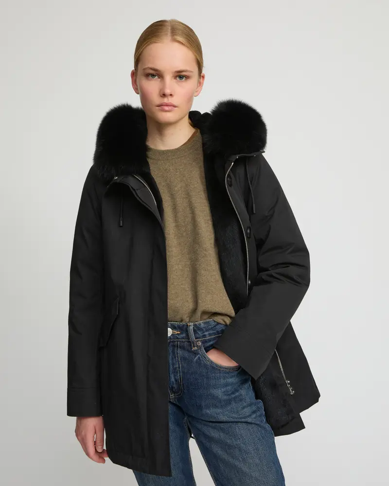 Short Iconic parka in waterproof cotton blend with fox and rabbit fur
