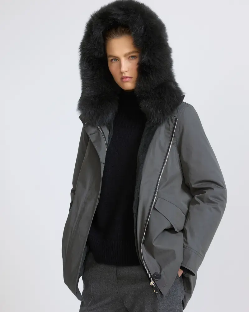Short Iconic parka in waterproof cotton blend with fox and rabbit fur