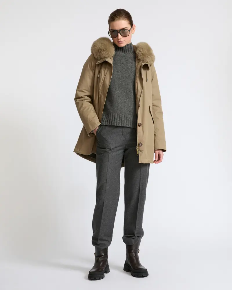 Short Iconic parka in waterproof cotton blend with fox and rabbit fur
