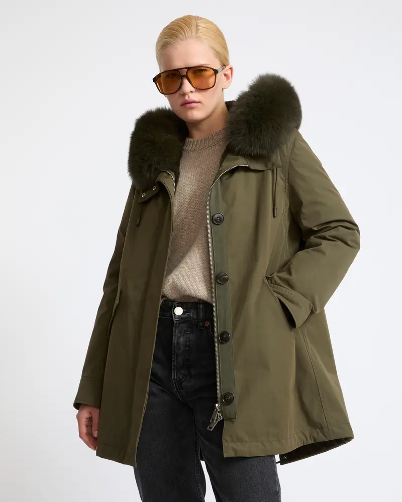 Short Iconic parka in waterproof cotton blend with fox and rabbit fur