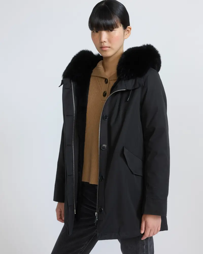 Short Iconic parka in waterproof cotton blend with fox and rabbit fur