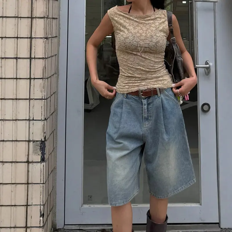 Short Jean Rétro Large Jambe Droite Plissé
