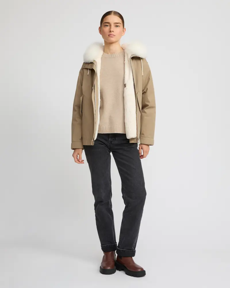 Short parka in cotton blend and fox and rabbit fur