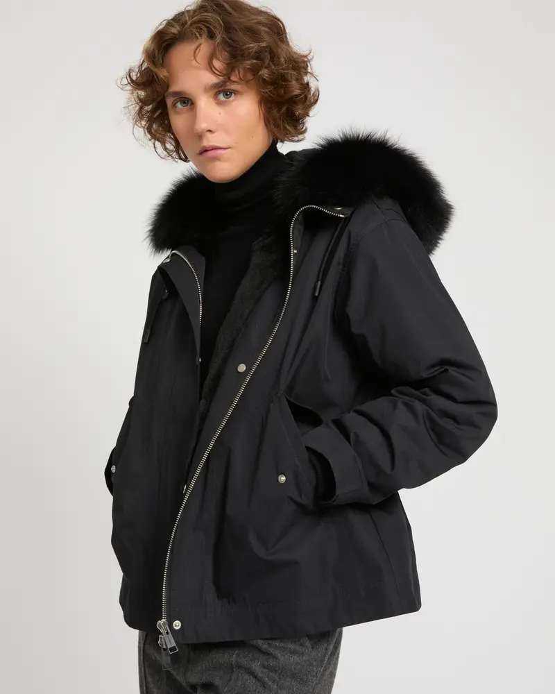 Short parka in cotton blend and fox and rabbit fur