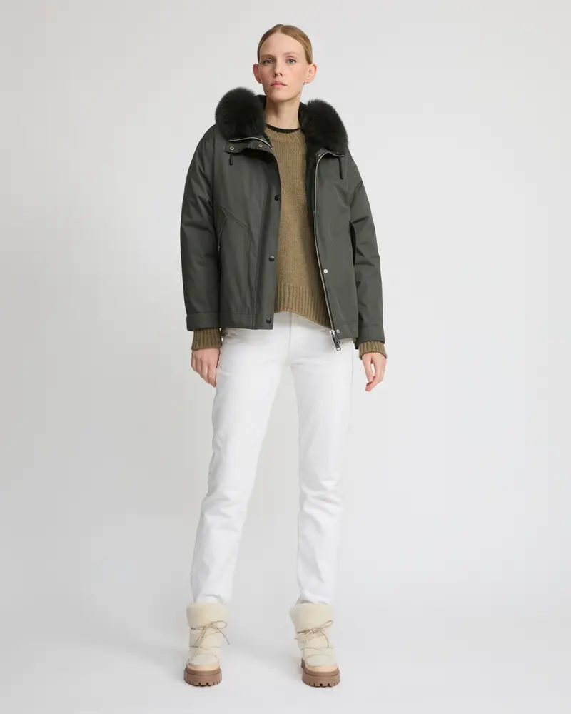 Short parka in cotton blend and fox and rabbit fur