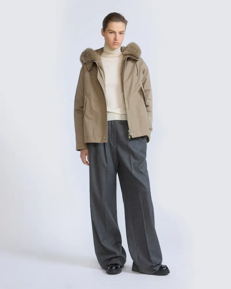 Short parka in cotton with fox and rabbit fur