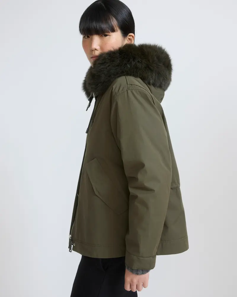 Short parka in cotton with fox and rabbit fur