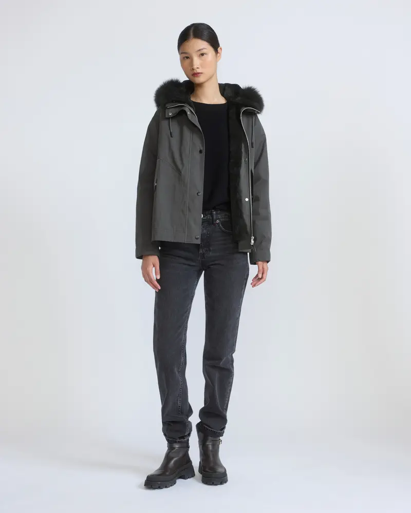 Short parka in cotton with fox and rabbit fur