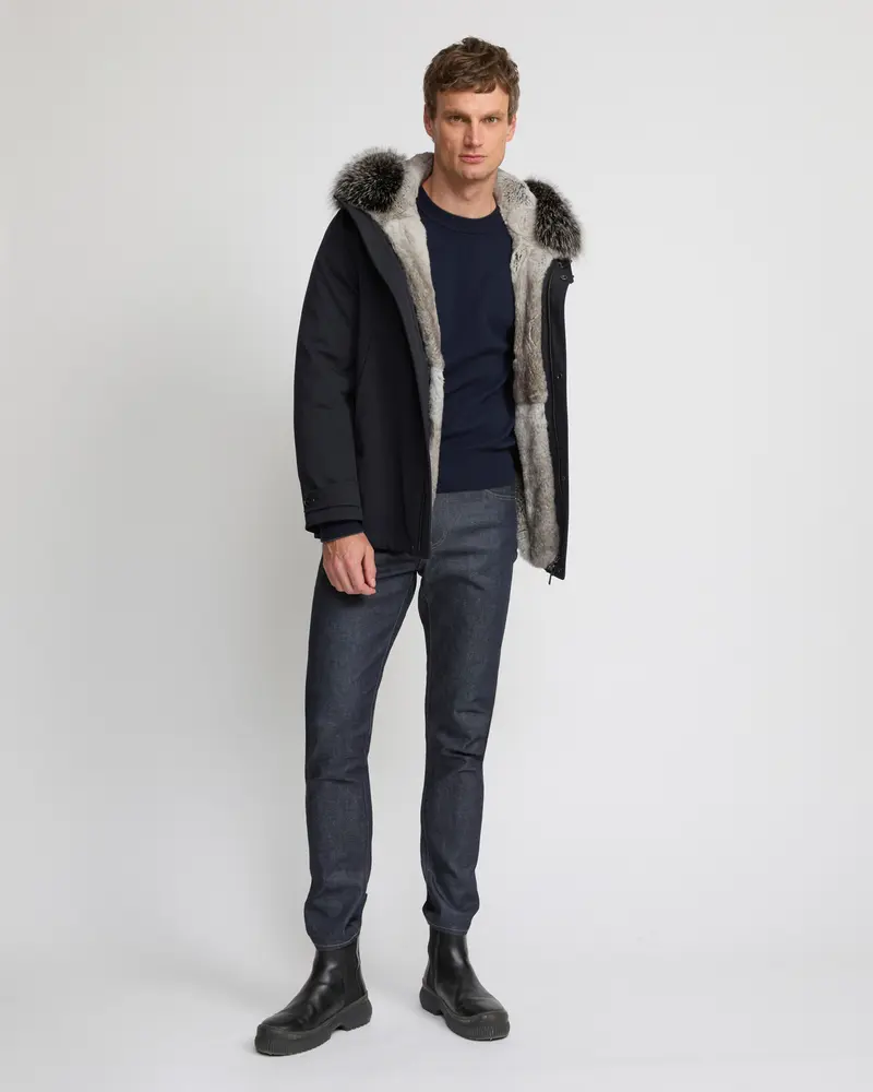 Short parka in technical wool and fox and rabbit fur