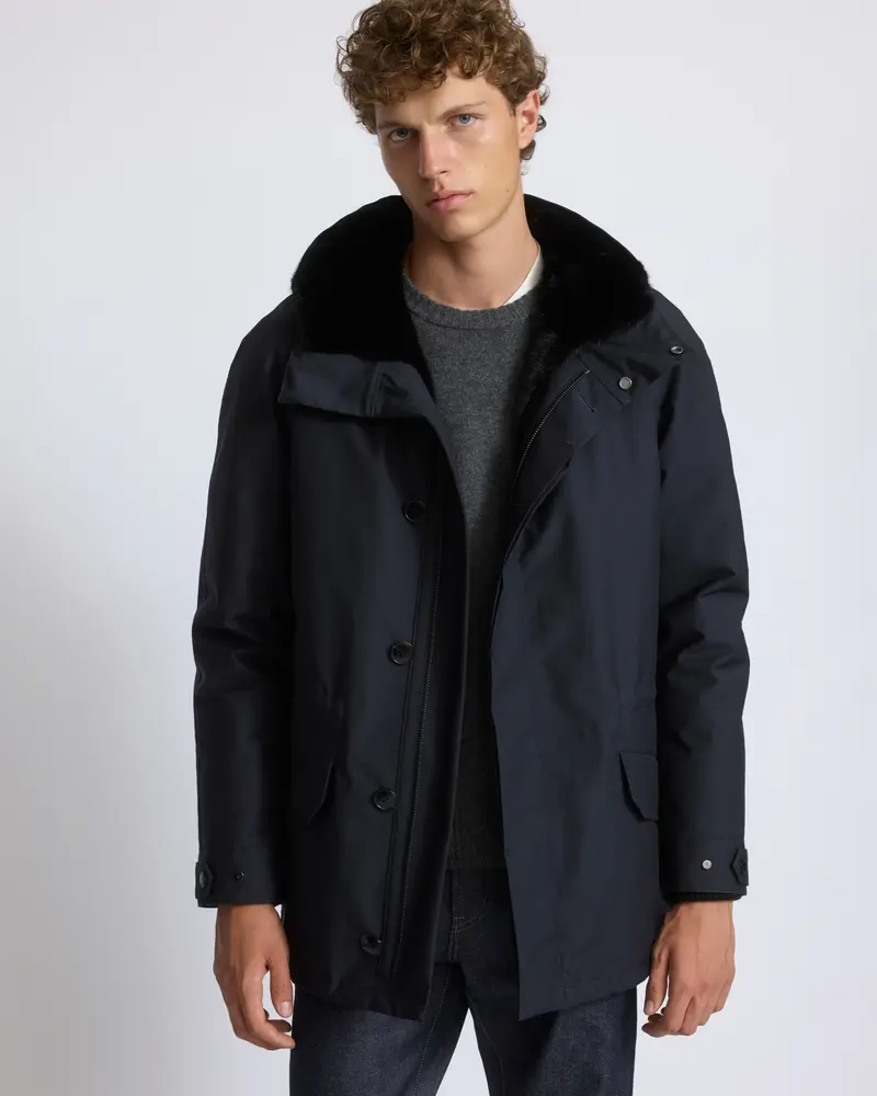 Short parka in waterproof wool-blend technical fabric with long-haired mink fur trim