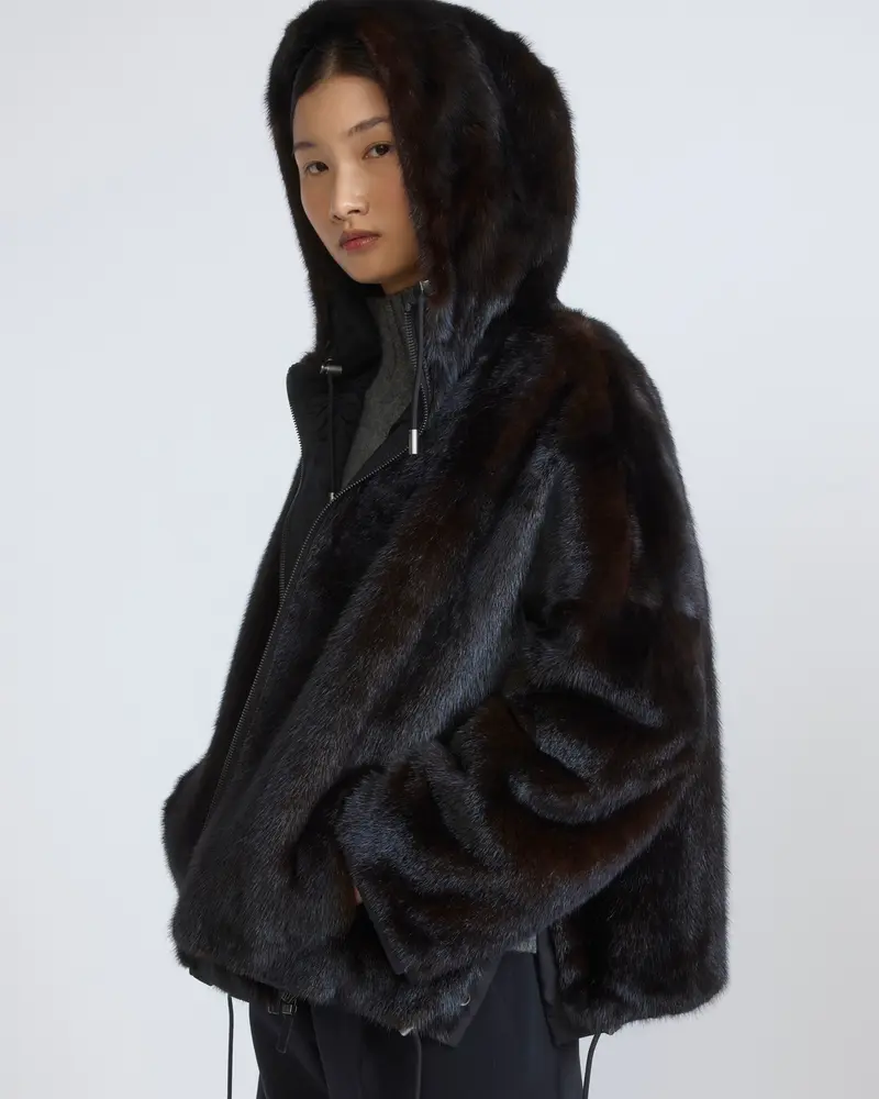 Short reversible water-repellent technical fabric jacket with mink fur