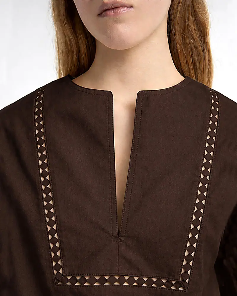 Short sleeve poplin blouse with leather details