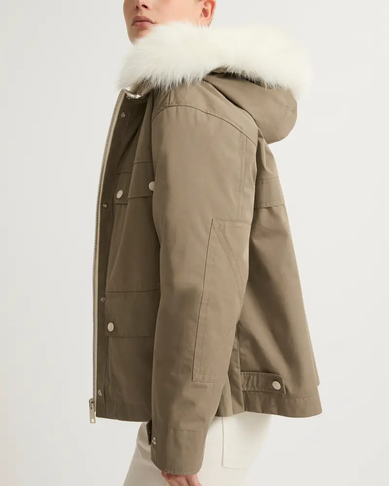 Short waterproof parka in cotton blend with fox and rabbit fur
