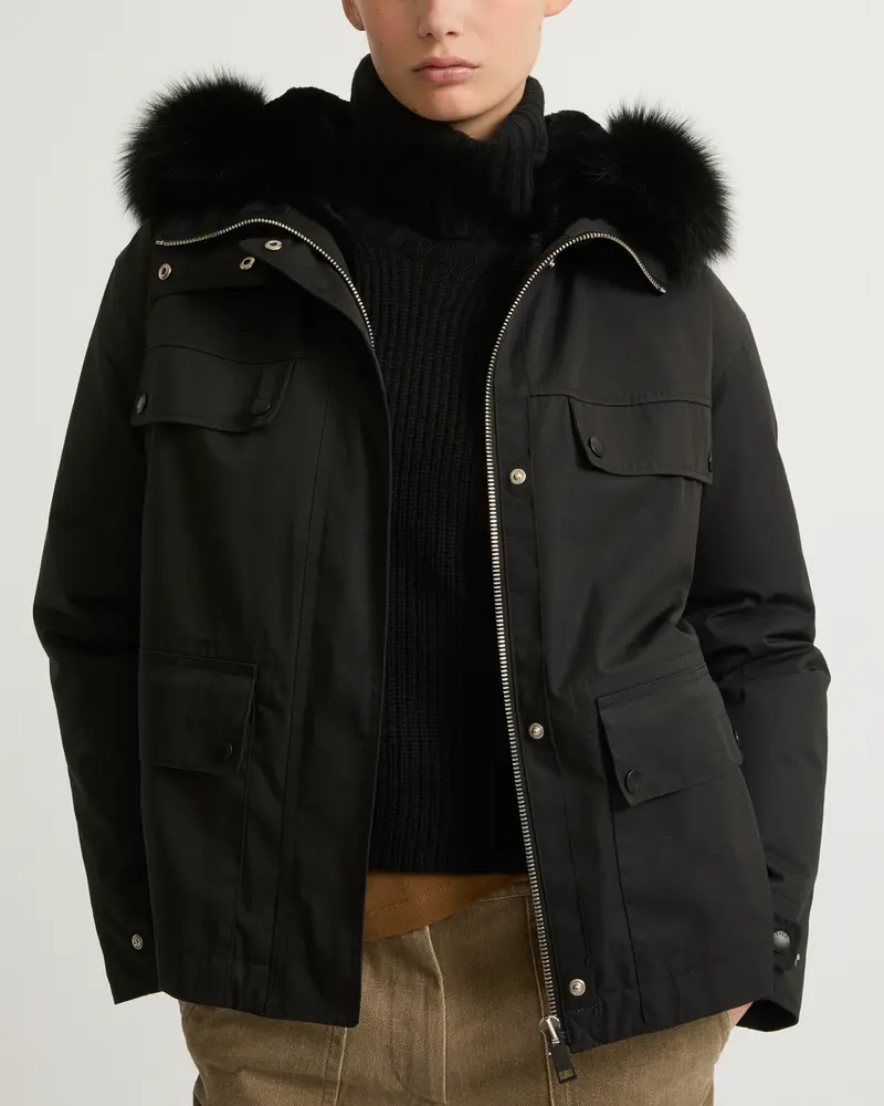 Short waterproof parka in cotton blend with fox and rabbit fur