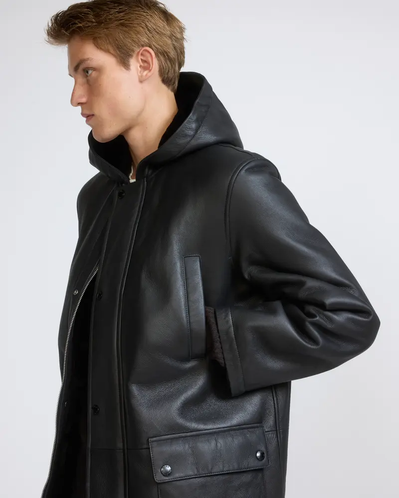 Silky straight lambskin wool shearling hooded coat