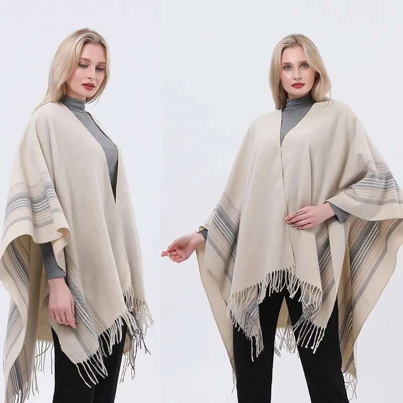 Simple And Stylish Polyester Shawl With A Slit Featuring Vertical Stripes For Warmth
